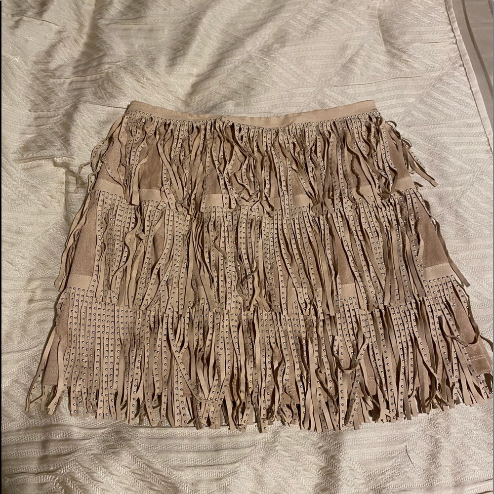 Tan Fringe Mini Skirt